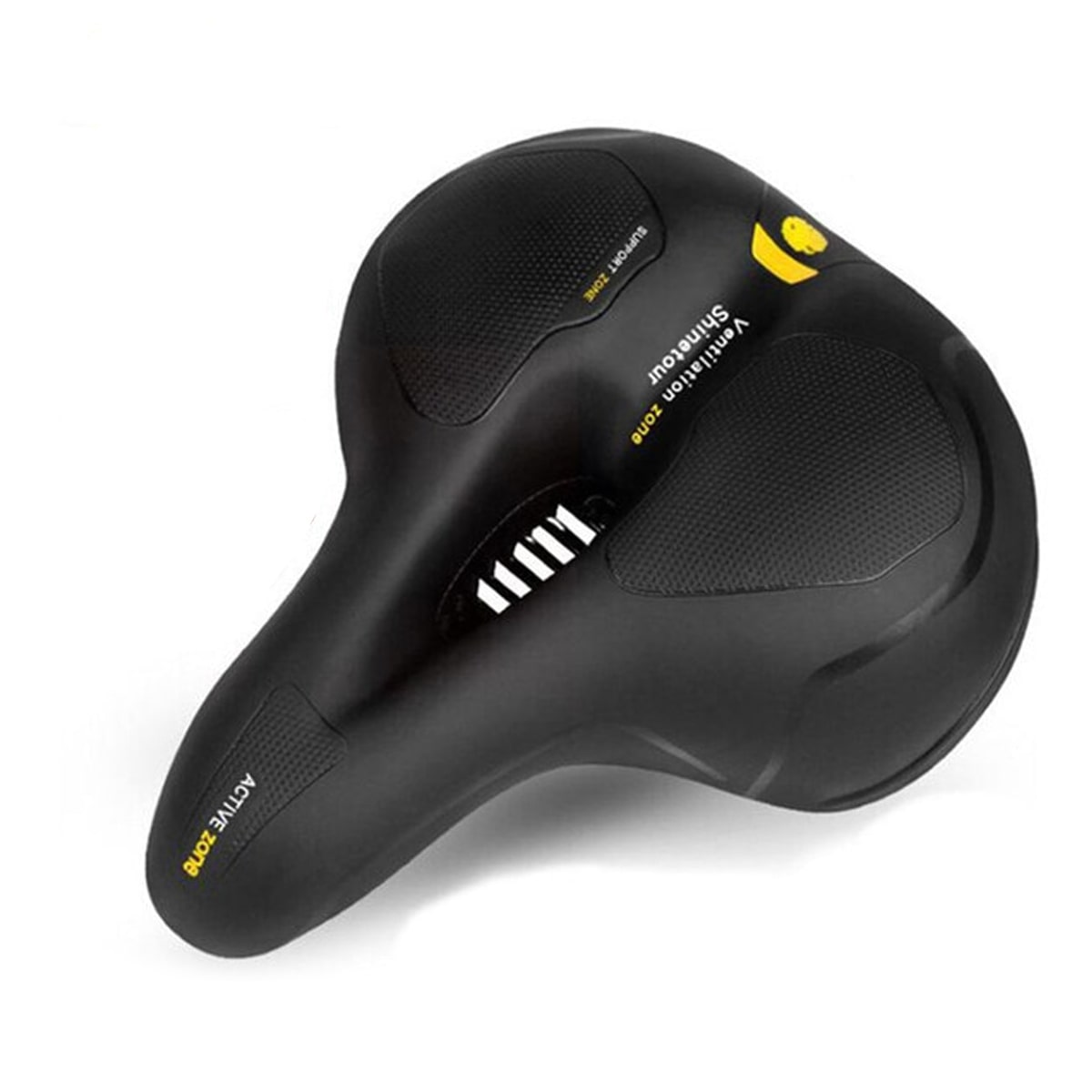 Ergonomischer ComfortRide Fahrradsattel mit dicker Polsterung, reflektierenden Streifen und Belüftungsschlitzen für Komfort.