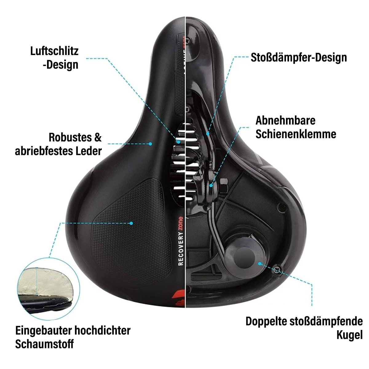 Ergonomischer ComfortRide Fahrradsattel mit dicker Polsterung, reflektierenden Streifen und Belüftungsschlitzen für Komfort.