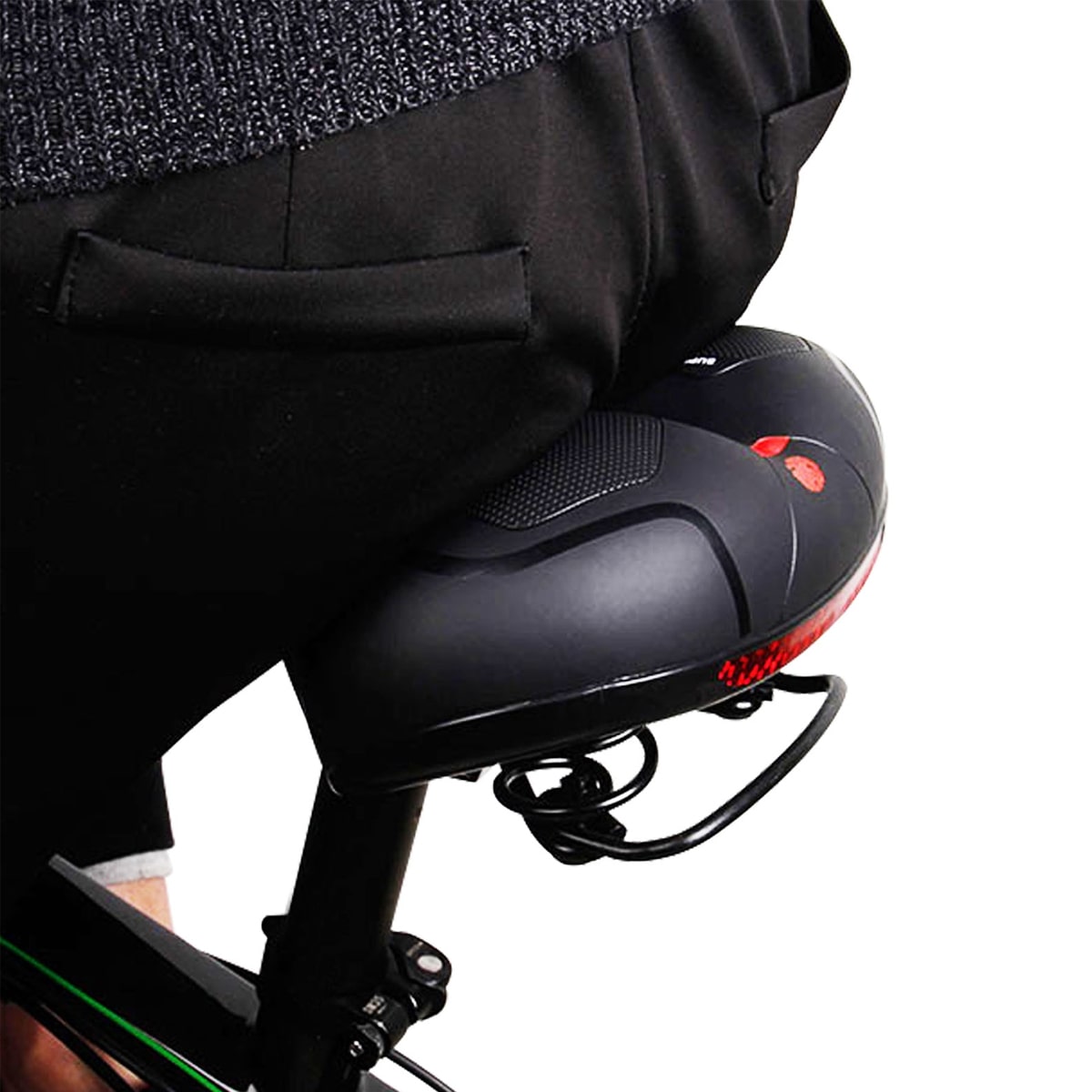 Ergonomischer ComfortRide Fahrradsattel mit dicker Polsterung, reflektierenden Streifen und Belüftungsschlitzen für Komfort.