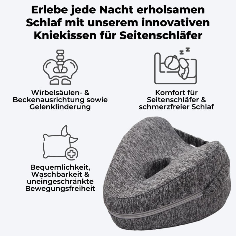 Diagram som viser fordelene med den ergonomiske kne-puten for sidesovende. Illustrasjonen demonstrerer hvordan puten lindrer trykk og fremmer korrekt ryggradsstilling for hofter og knær.