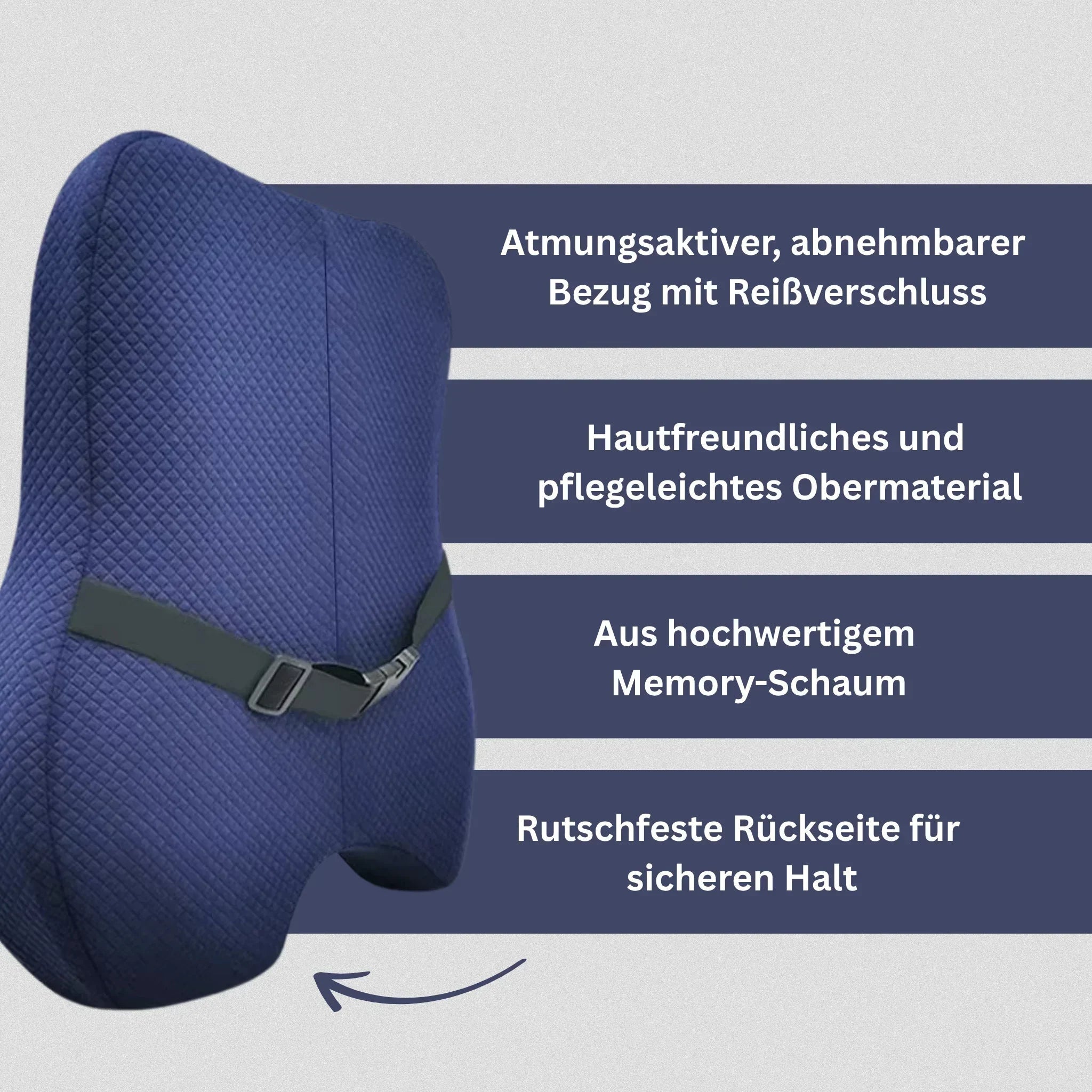 "Ergonomisches, orthopädisches Rückenpolster in Dunkelblau, Grau, Rosa für Komfort und Unterstützung am Arbeitsplatz."