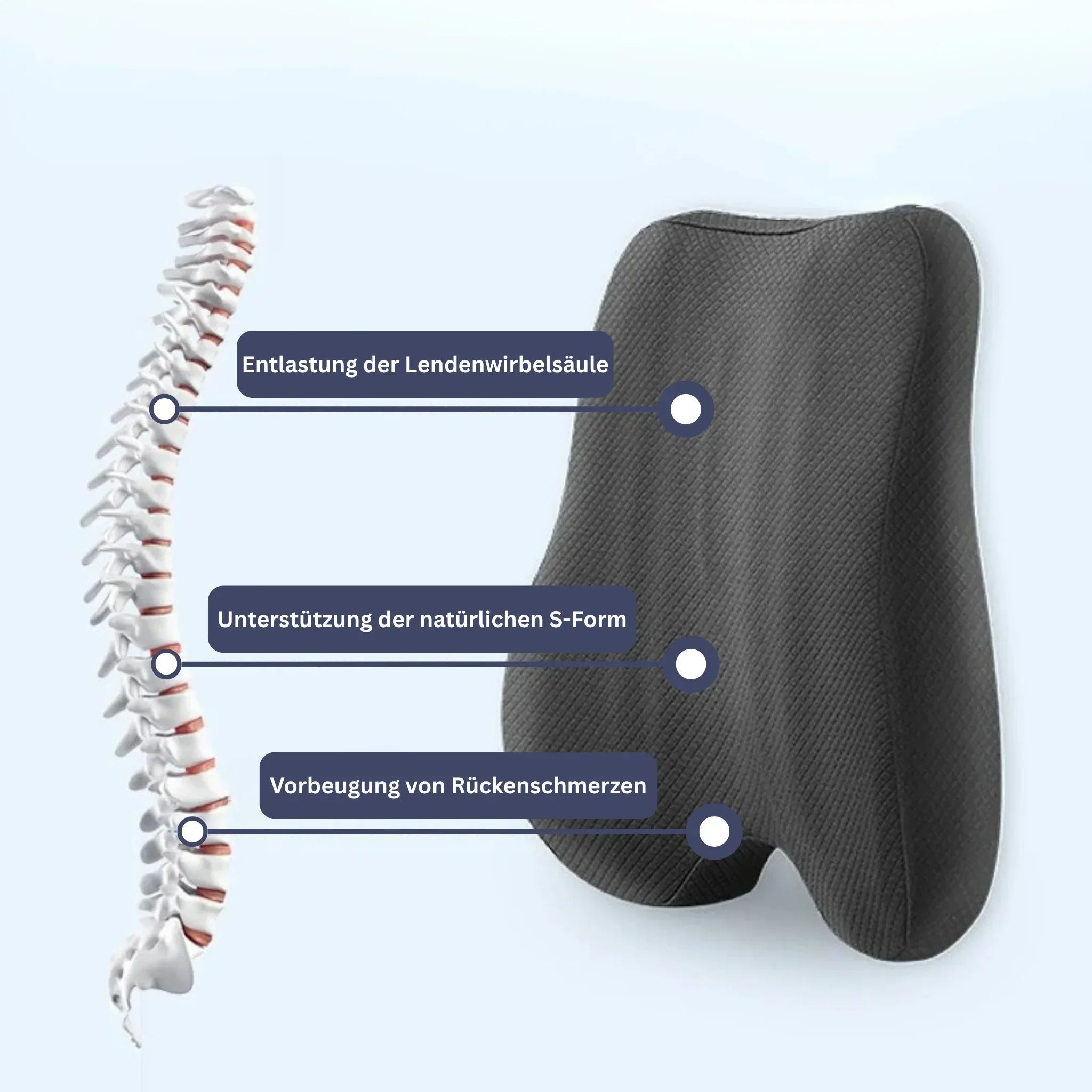 "Ergonomisches, orthopädisches Rückenpolster in Dunkelblau, Grau, Rosa für Komfort und Unterstützung am Arbeitsplatz."