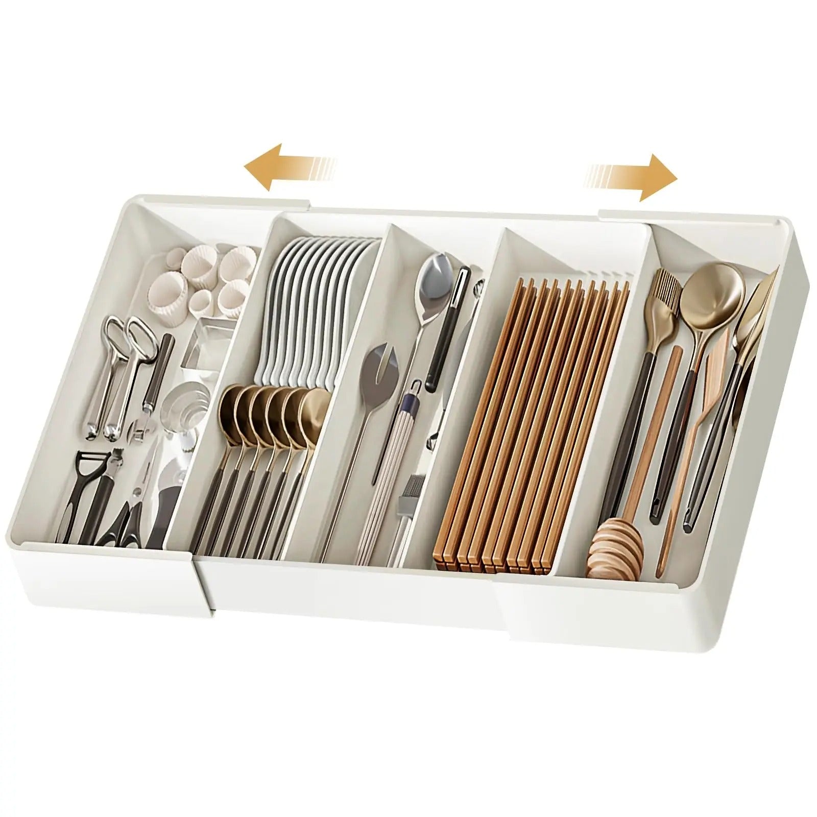 "Flexibler Schubladen Organizer in Beige mit ausziehbaren Fächern für Küchen-, Büro- und Badeutensilien – effiziente Ordnung"