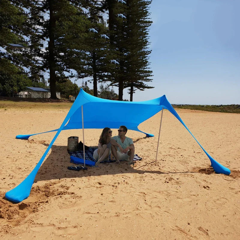 "Geräumige Strandmuschel mit UPF50+ UV-Schutz, geeignet für 3–4 Personen, ideal für sonnige Ausflüge am Strand."