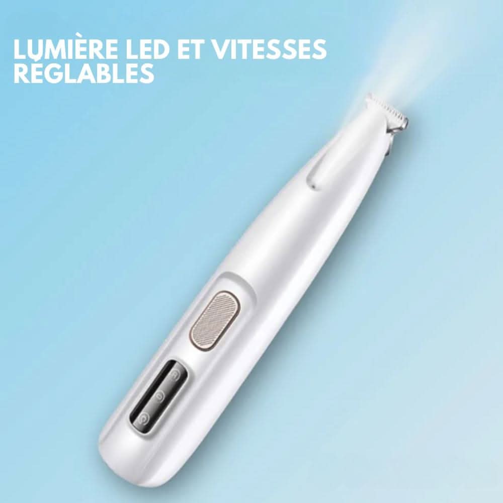 "Geräuscharmer Haustierschneider schneidet sanft Pfotenfell; ergonomisch, LED-Licht, ideal für empfindliche Stellen."