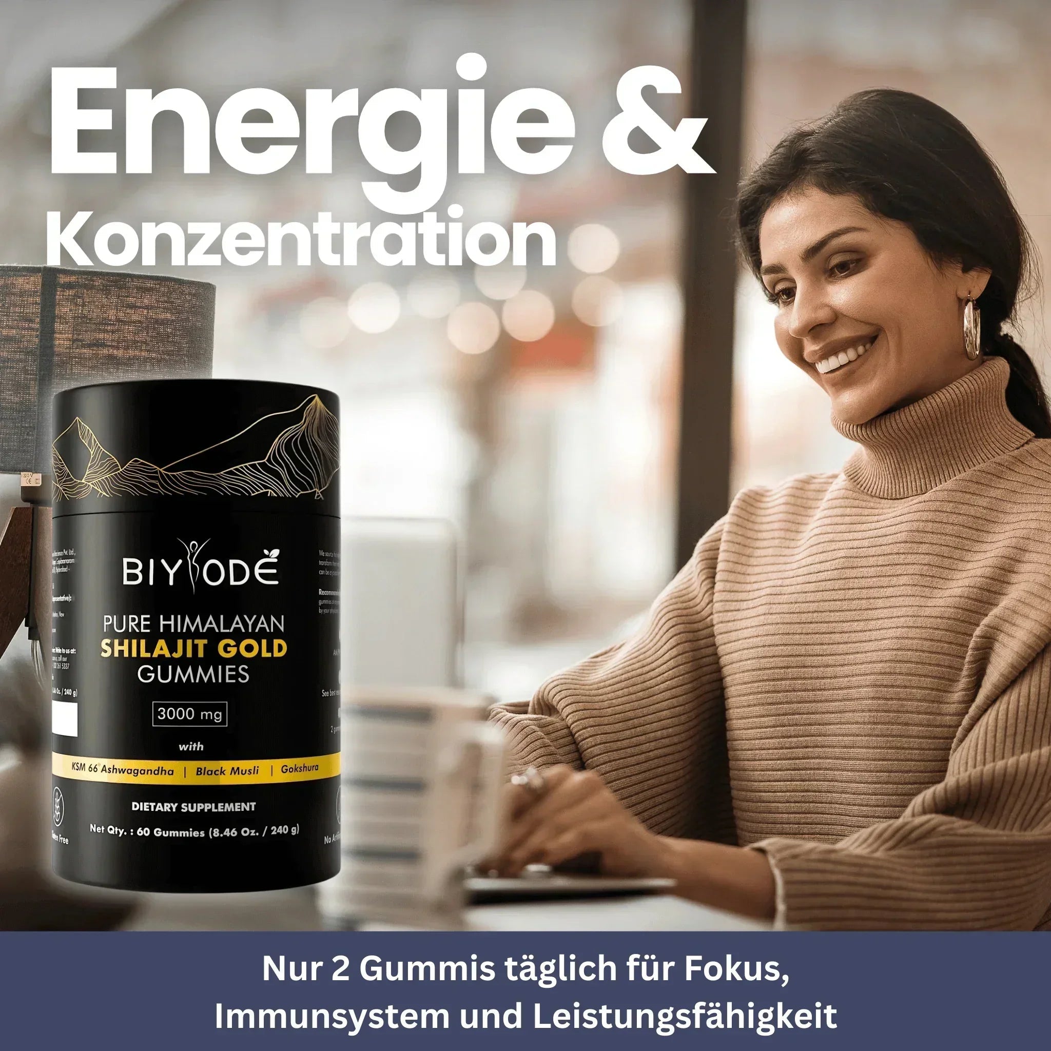 Goldene Shilajit Gummis in Bärchenform für natürliche Energie und Vitalität, 90 Stück pro Packung, auf weißem Hintergrund.