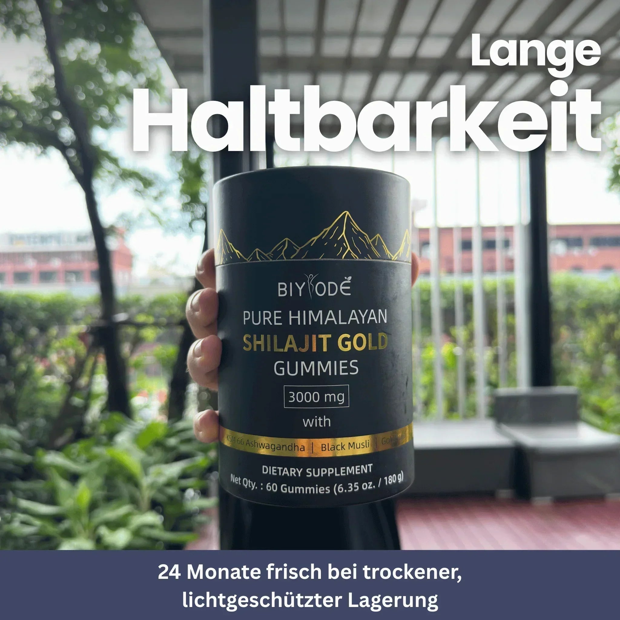 Goldene Shilajit Gummis in Bärchenform für natürliche Energie und Vitalität, 90 Stück pro Packung, auf weißem Hintergrund.