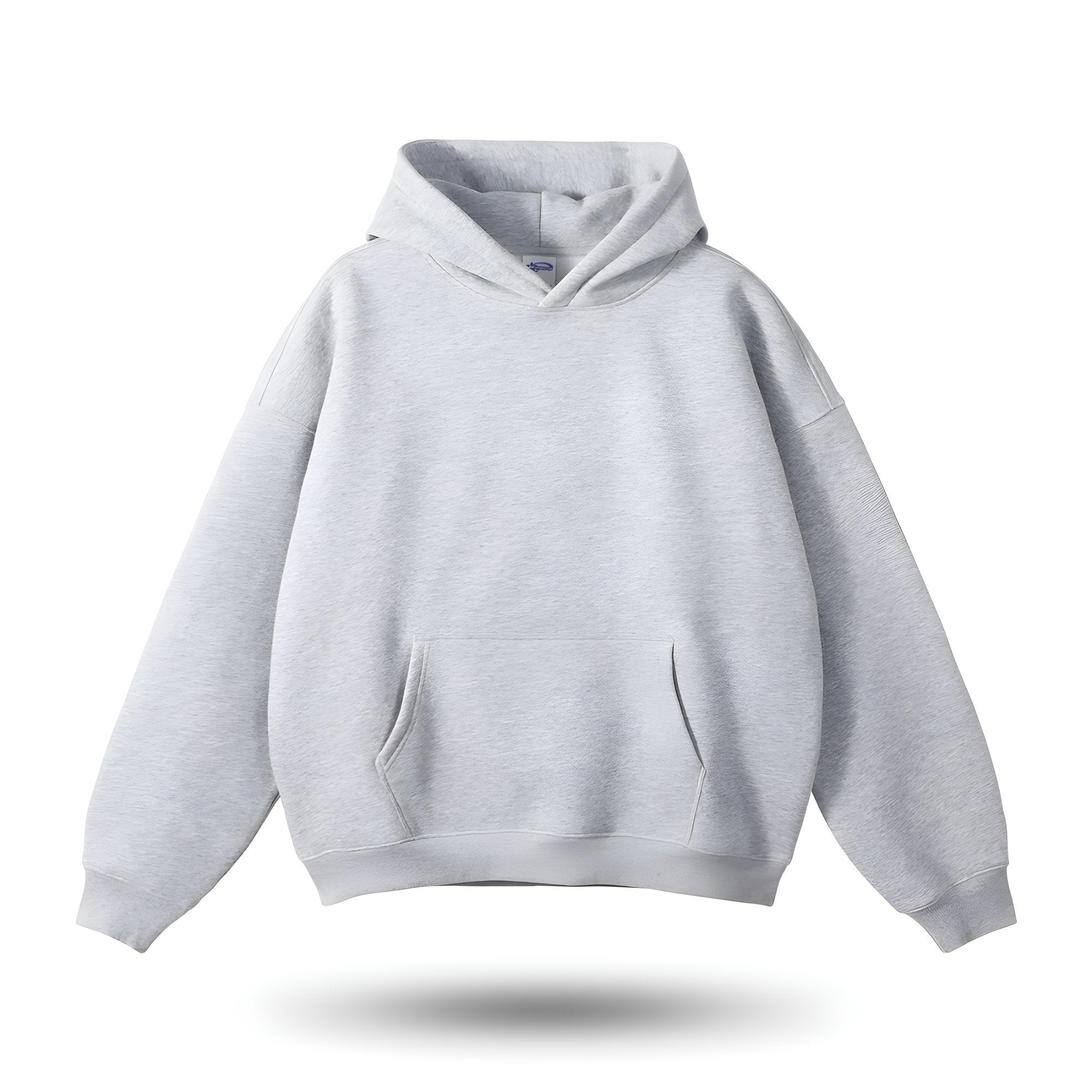 Grauer Oversized Fleece-Hoodie, weiches Material, warm, moderne Streetwear, passend für Herbst-Winter, vorderansicht.
