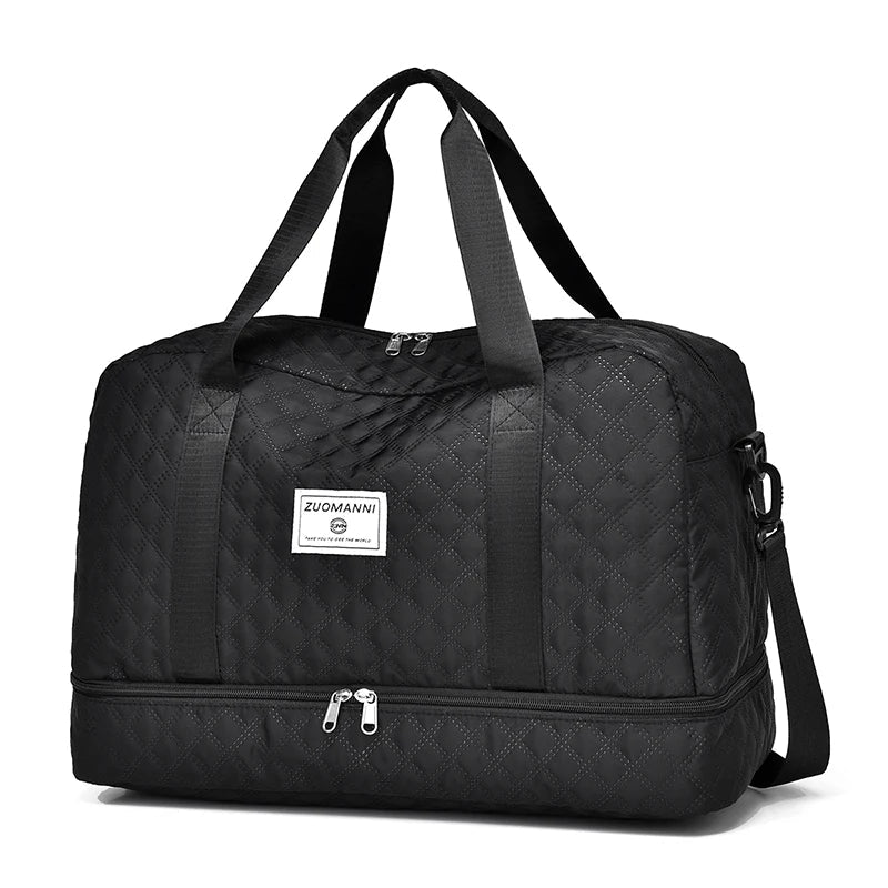 Große faltbare Reisetasche mit Rautenmuster aus wasserabweisendem Nylon, ideal für Kurztrips und geordnetes Packen.