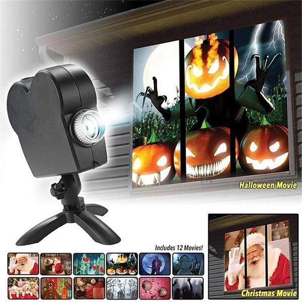 "Halloween-Projektor auf Stativ, schwarz, projiziert gruselige Filme, wetterbeständig, inkl. Leinwand, ideal für Fenster"