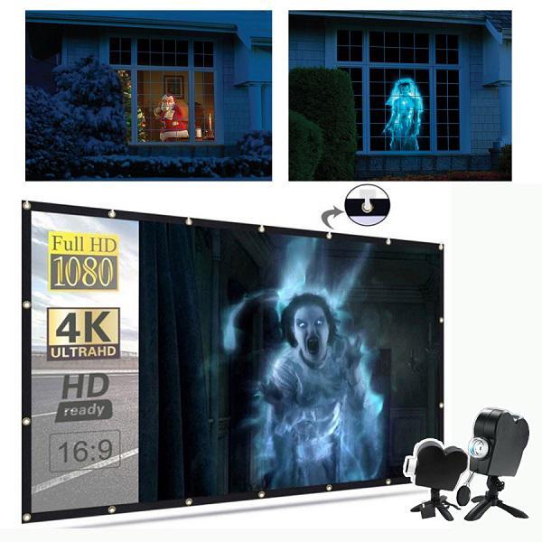 "Halloween-Projektor auf Stativ, schwarz, projiziert gruselige Filme, wetterbeständig, inkl. Leinwand, ideal für Fenster"