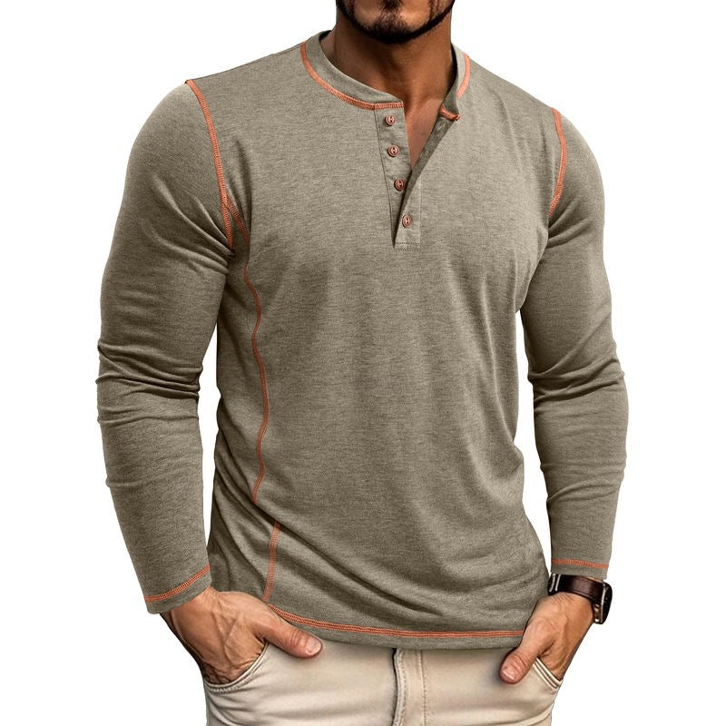 "Herren Langarmshirt mit Knopfleiste, elegantes Design, weicher Stoff, modische Kontrastnähte, vielseitig tragbar."