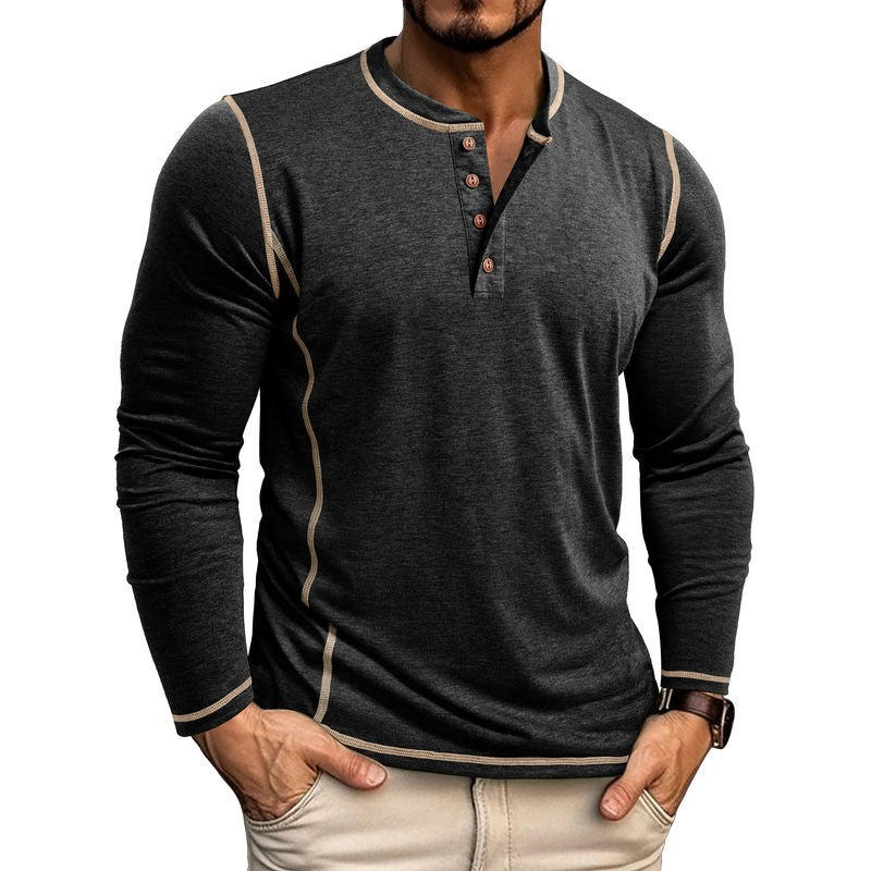 "Herren Langarmshirt mit Knopfleiste, elegantes Design, weicher Stoff, modische Kontrastnähte, vielseitig tragbar."