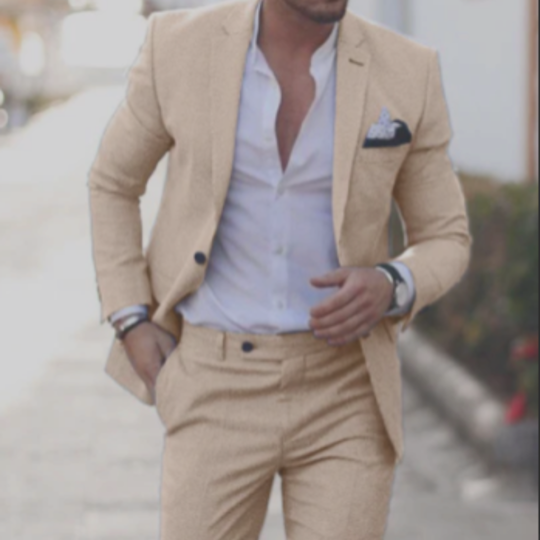 "Herren Sommeranzug in Beige, eleganter Blazer und Hose, ideal für Hochzeitsgast-Outfits und sommerliche Veranstaltungen"