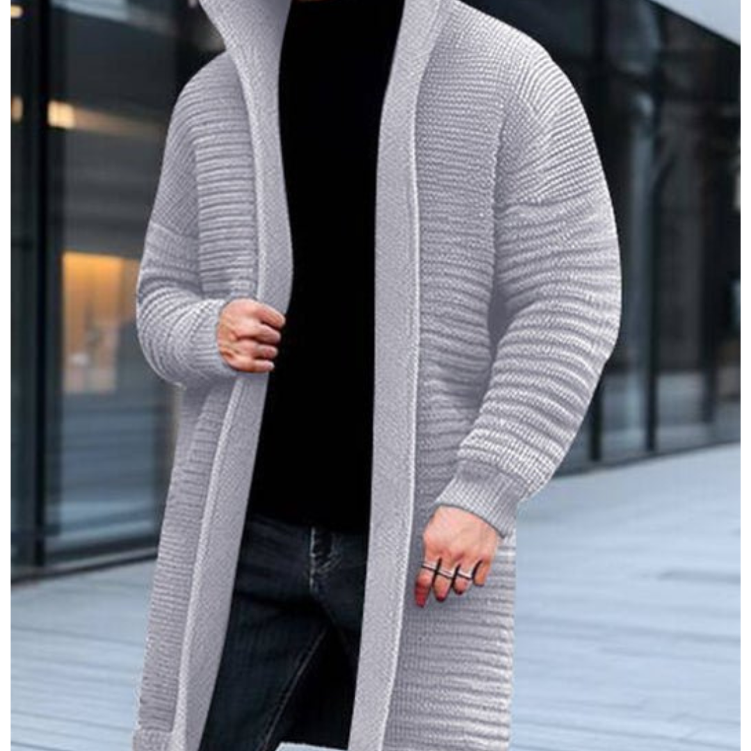 "Herren Strickjacke mit Stehkragen und langem Schnitt, eleganter Stil für den Winter, vielseitig kombinierbar."