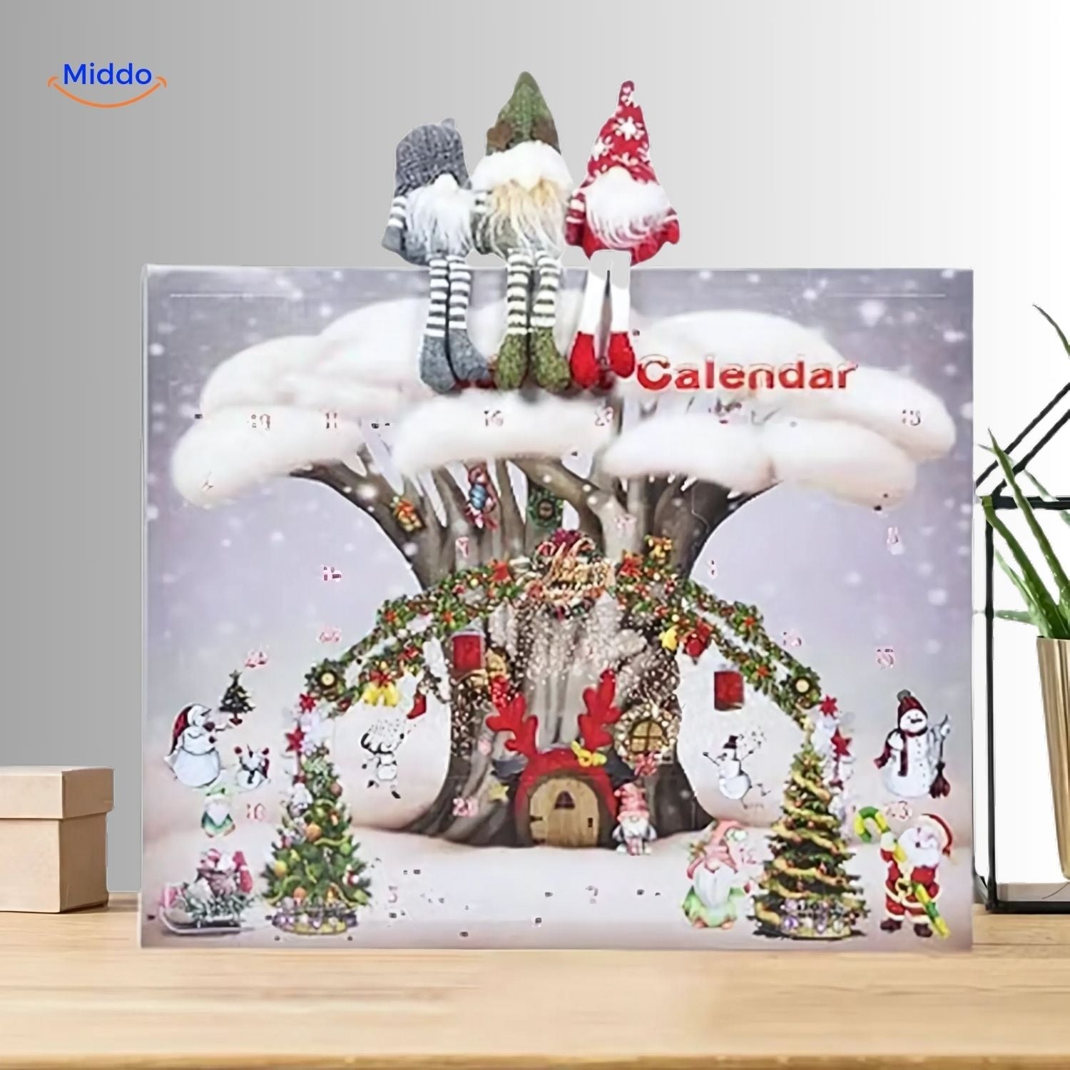 HolidayHaven Adventskalender med juleplysj-nisser og miniatyrhus, ideelt for festlig dekorasjon.
