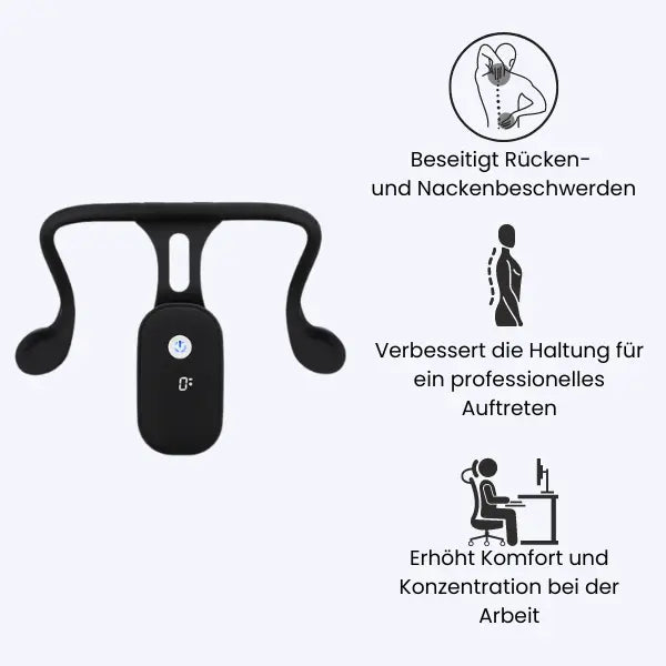Intelligente Haltungskorrektur in Schwarz, bandloses Design, Echtzeit-Überwachung für bessere Körperhaltung.