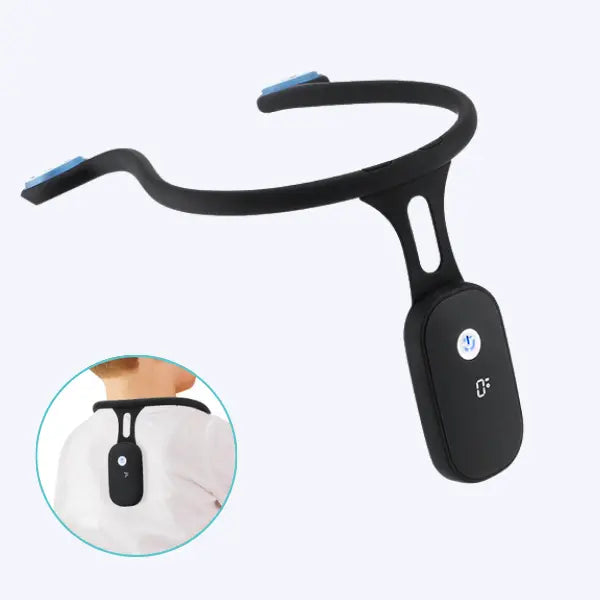 Intelligente Haltungskorrektur in Schwarz, bandloses Design, Echtzeit-Überwachung für bessere Körperhaltung.