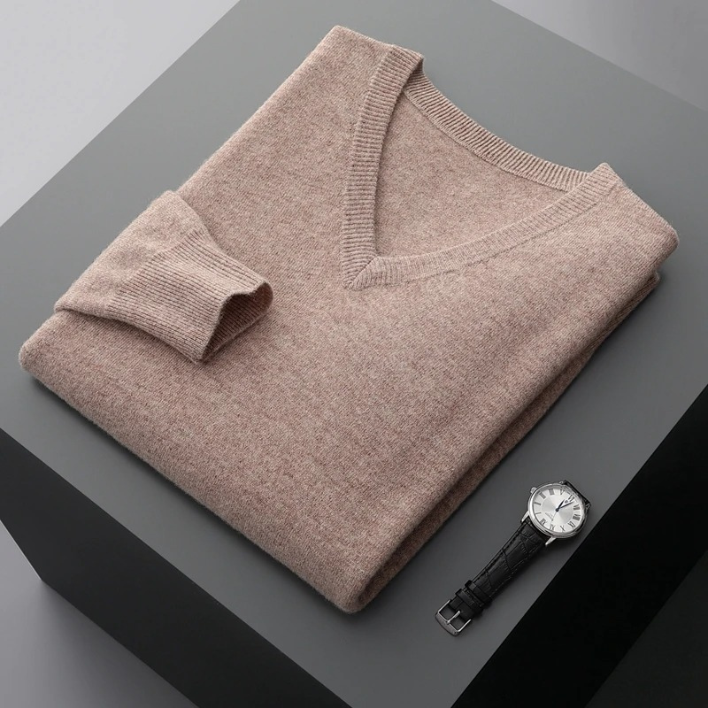 "Kaschmir Pullover Herren V-Ausschnitt, weiches Strickmaterial, grau, elegante Mode, perfekt für Büro und Freizeit"