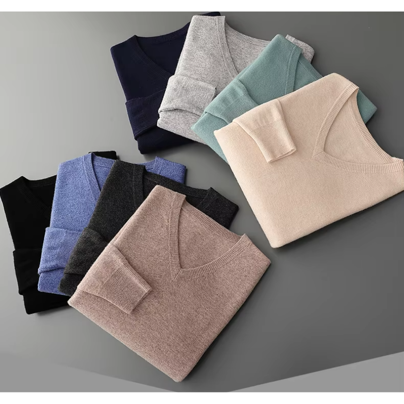 "Kaschmir Pullover Herren V-Ausschnitt, weiches Strickmaterial, grau, elegante Mode, perfekt für Büro und Freizeit"