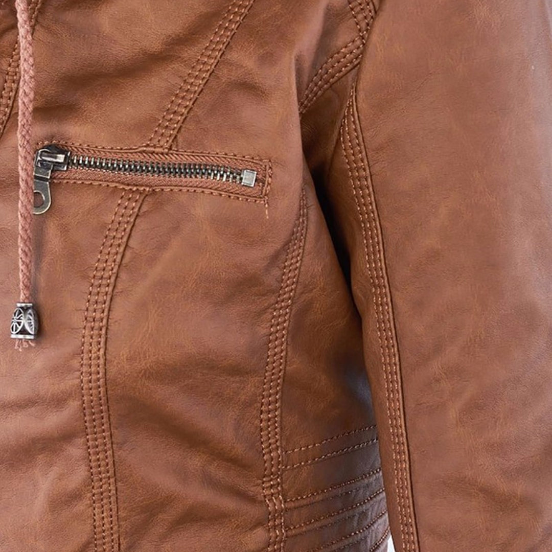 Khaki wetterfeste Damenjacke mit abnehmbarer Kapuze und eleganter Passform, ideal für alle Jahreszeiten und Anlässe.