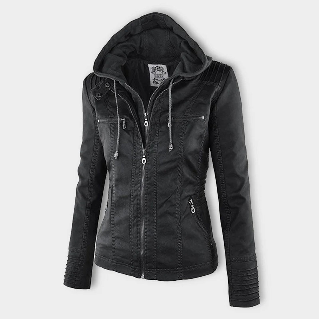 Khaki wetterfeste Damenjacke mit abnehmbarer Kapuze und eleganter Passform, ideal für alle Jahreszeiten und Anlässe.