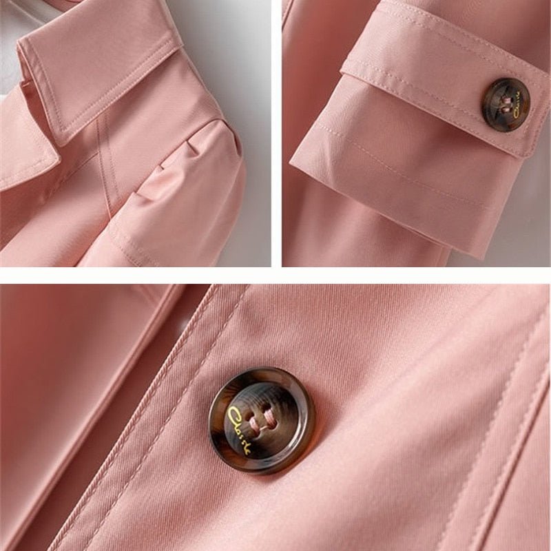 Khakifarbener Damen-Trenchcoat mit Knopfverschluss und modischem Design, ideal für formelle und informelle Anlässe.
