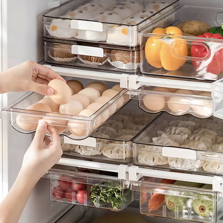 "Kühlschrank-Organizer platzsparend, BPA-frei, transparent, Schubladen für Eier, Obst, Gemüse effizient ordnen."
