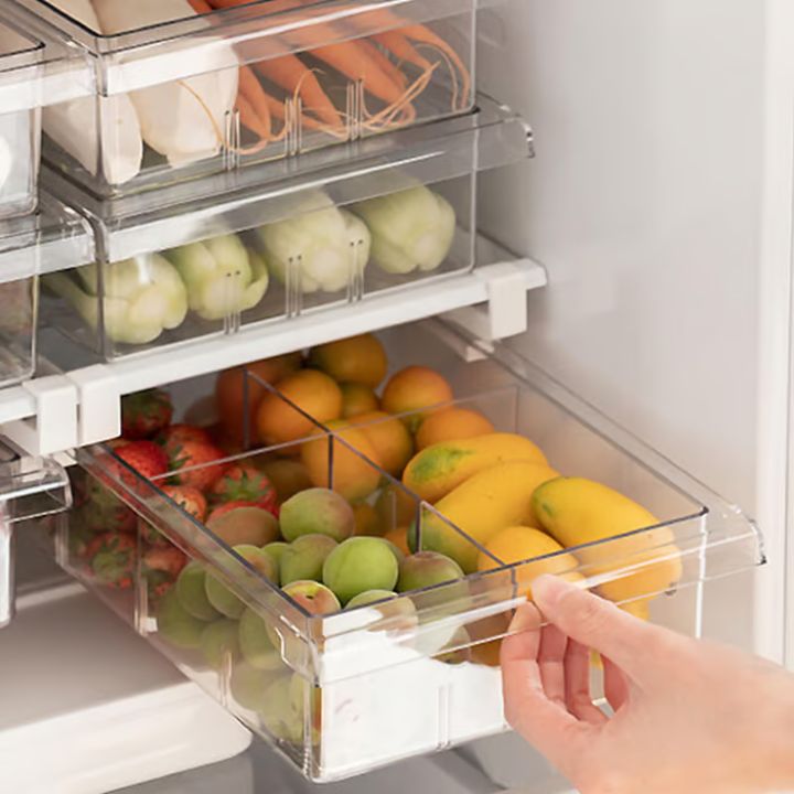 "Kühlschrank-Organizer platzsparend, BPA-frei, transparent, Schubladen für Eier, Obst, Gemüse effizient ordnen."