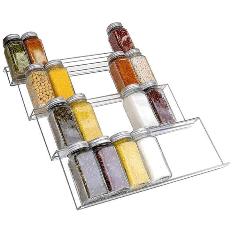 "Klares Acryl-Gewürzregal, flexibler Schubladen-Organizer, elegant, ordnet Gewürze stilvoll in der modernen Küche."
