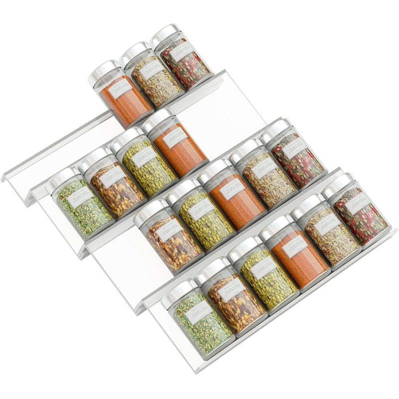 "Klares Acryl-Gewürzregal, flexibler Schubladen-Organizer, elegant, ordnet Gewürze stilvoll in der modernen Küche."