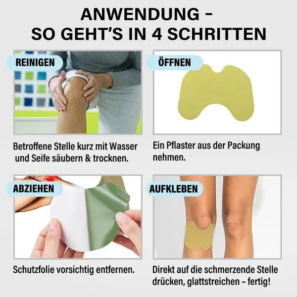 "Knie-Schmerzpflaster zur natürlichen Schmerzlinderung, einfach anzuwenden, auf Knie aufgeklebt für gezielte Erleichterung."