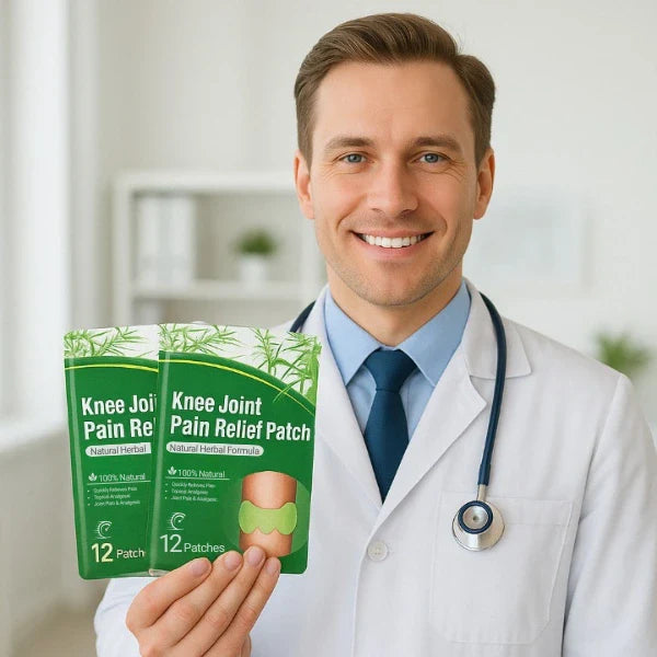 "Knie-Schmerzpflaster zur natürlichen Schmerzlinderung, einfach anzuwenden, auf Knie aufgeklebt für gezielte Erleichterung."