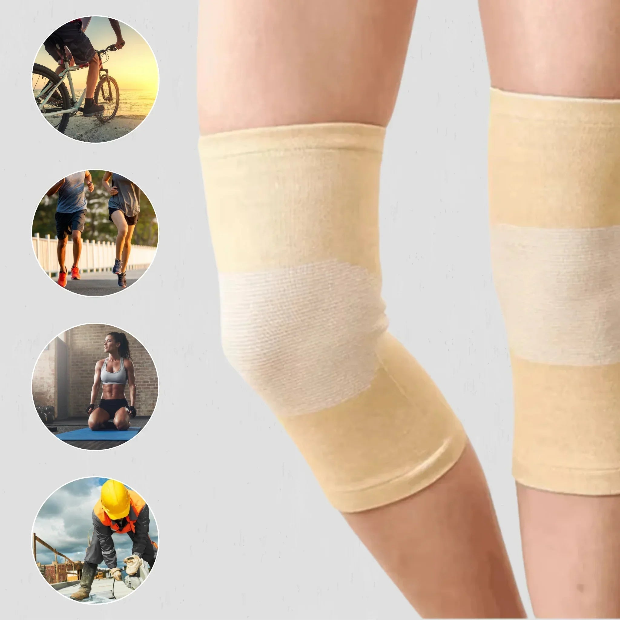 Kniebandage aus atmungsaktivem Bambus, beige Farbe, anatomisches Design, für Sport und Alltag, Größenvielfalt.