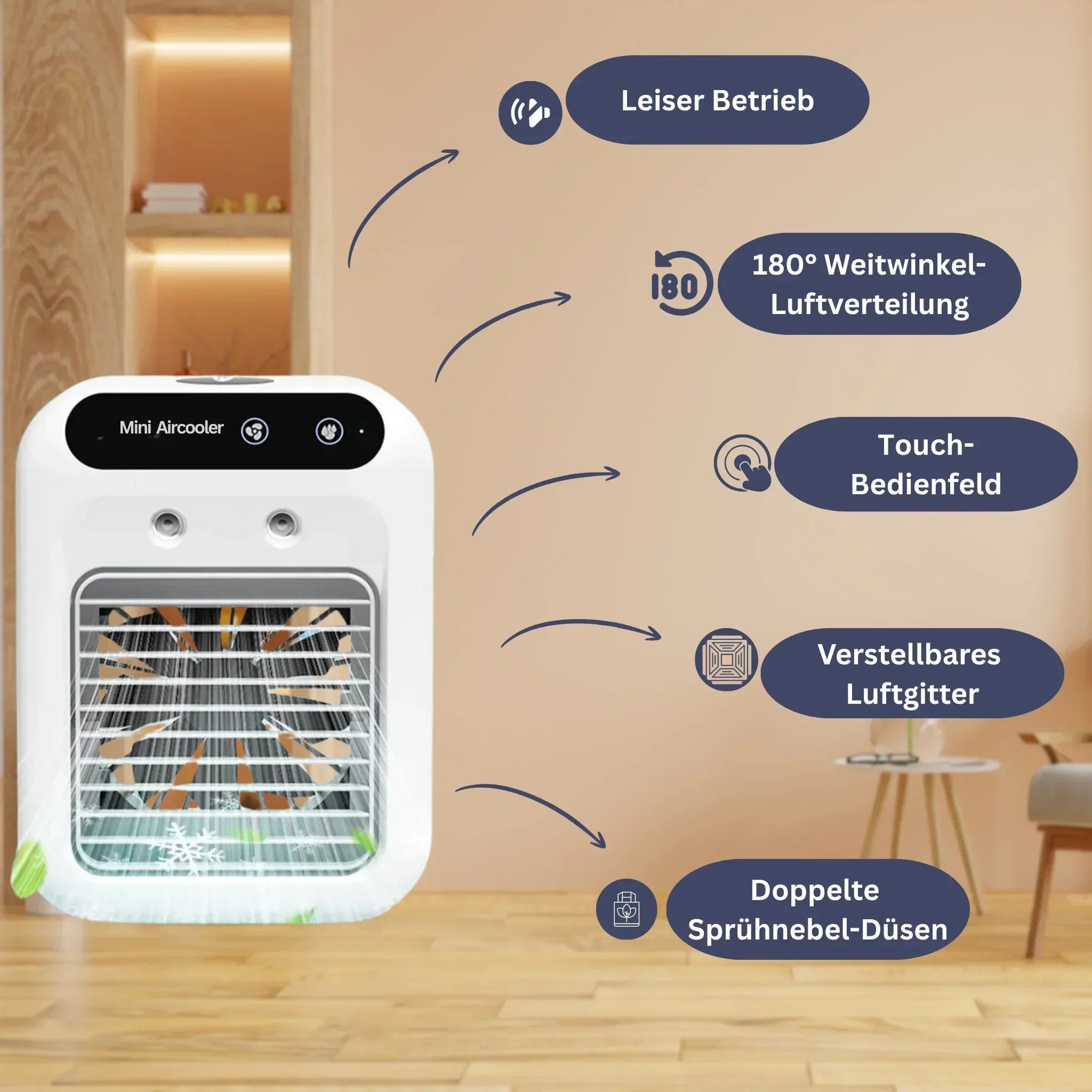 "Kompakte Sommer-Klimaanlage mit integriertem Duftlüfter, moderne Optik, sorgt für erfrischende und duftende Raumluft."