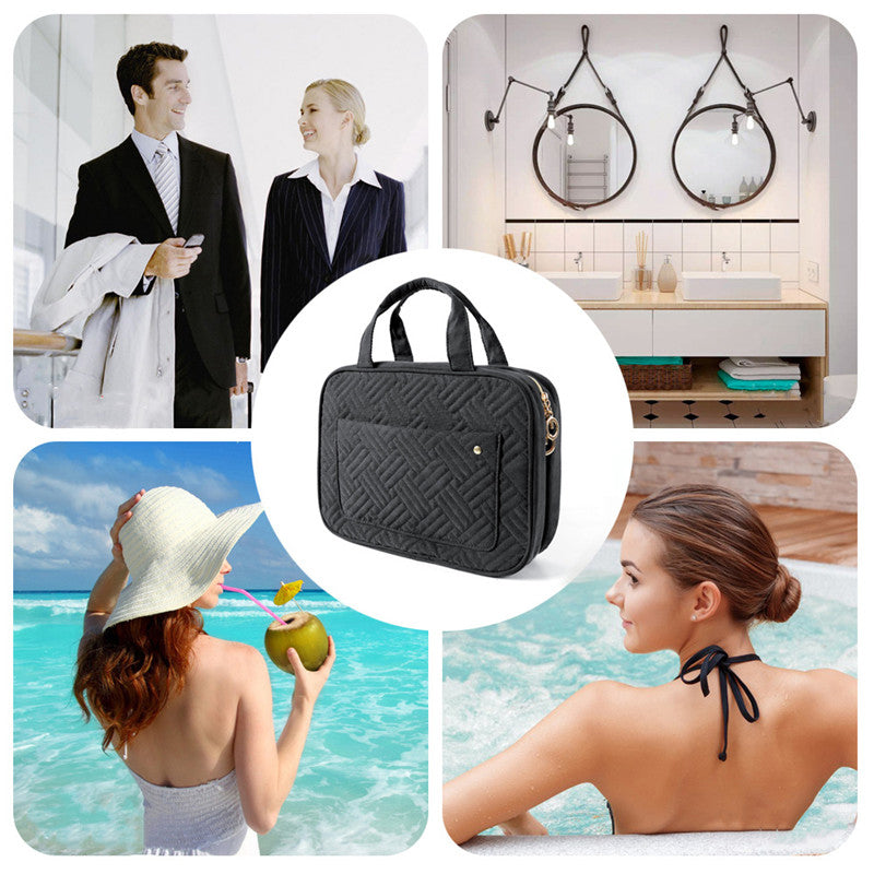 "Kompakter, wasserabweisender Reise-Kosmetik-Organizer mit Hanf-Optik, 4 Fächern, transparenten Seiten und Haken."