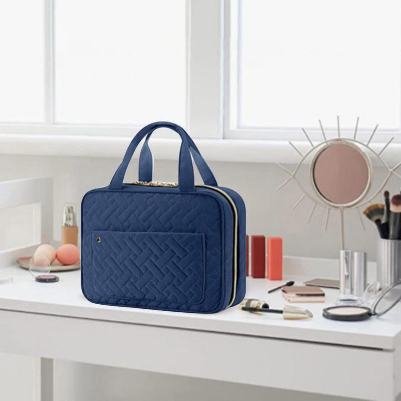 "Kompakter, wasserabweisender Reise-Kosmetik-Organizer mit Hanf-Optik, 4 Fächern, transparenten Seiten und Haken."