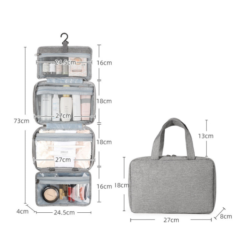 "Kompakter, wasserabweisender Reise-Kosmetik-Organizer mit Hanf-Optik, 4 Fächern, transparenten Seiten und Haken."