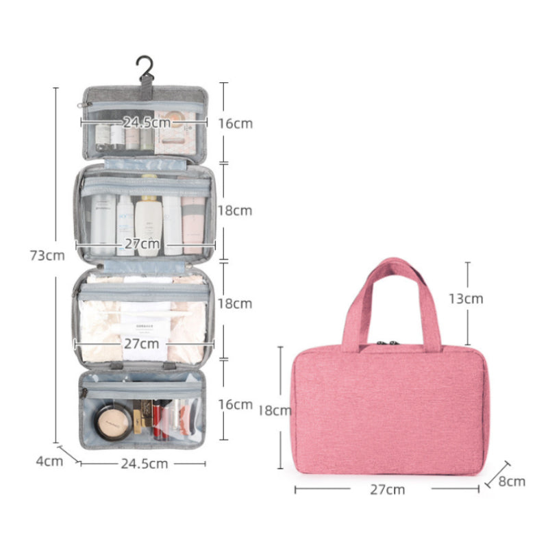 "Kompakter, wasserabweisender Reise-Kosmetik-Organizer mit Hanf-Optik, 4 Fächern, transparenten Seiten und Haken."