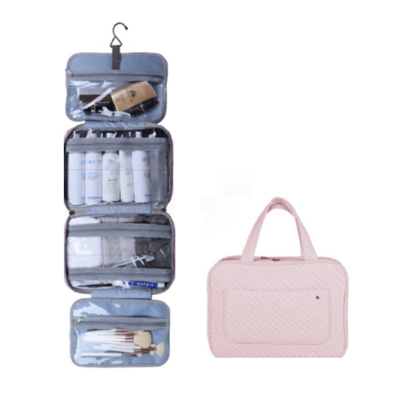 "Kompakter, wasserabweisender Reise-Kosmetik-Organizer mit Hanf-Optik, 4 Fächern, transparenten Seiten und Haken."