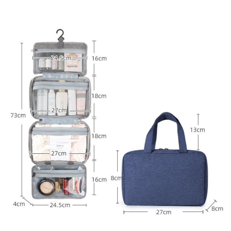 "Kompakter, wasserabweisender Reise-Kosmetik-Organizer mit Hanf-Optik, 4 Fächern, transparenten Seiten und Haken."