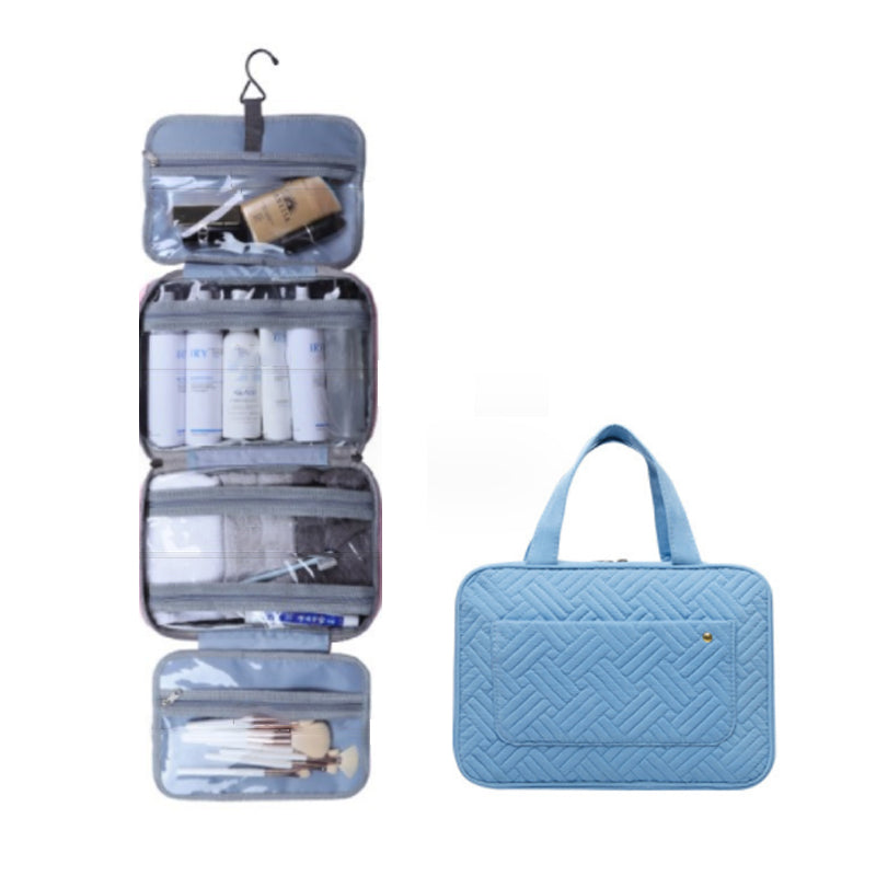 "Kompakter, wasserabweisender Reise-Kosmetik-Organizer mit Hanf-Optik, 4 Fächern, transparenten Seiten und Haken."