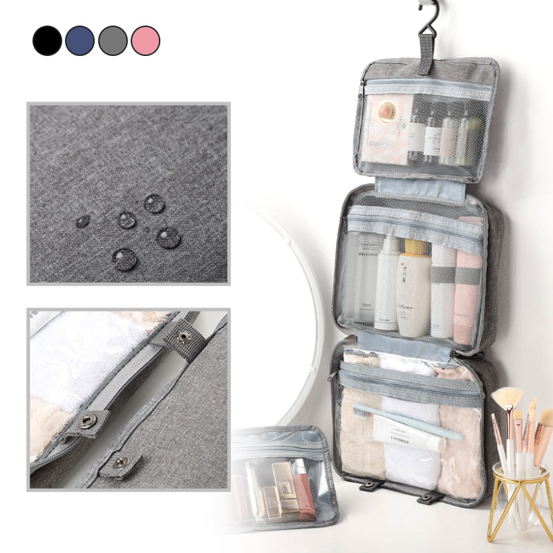 "Kompakter, wasserabweisender Reise-Kosmetik-Organizer mit Hanf-Optik, 4 Fächern, transparenten Seiten und Haken."