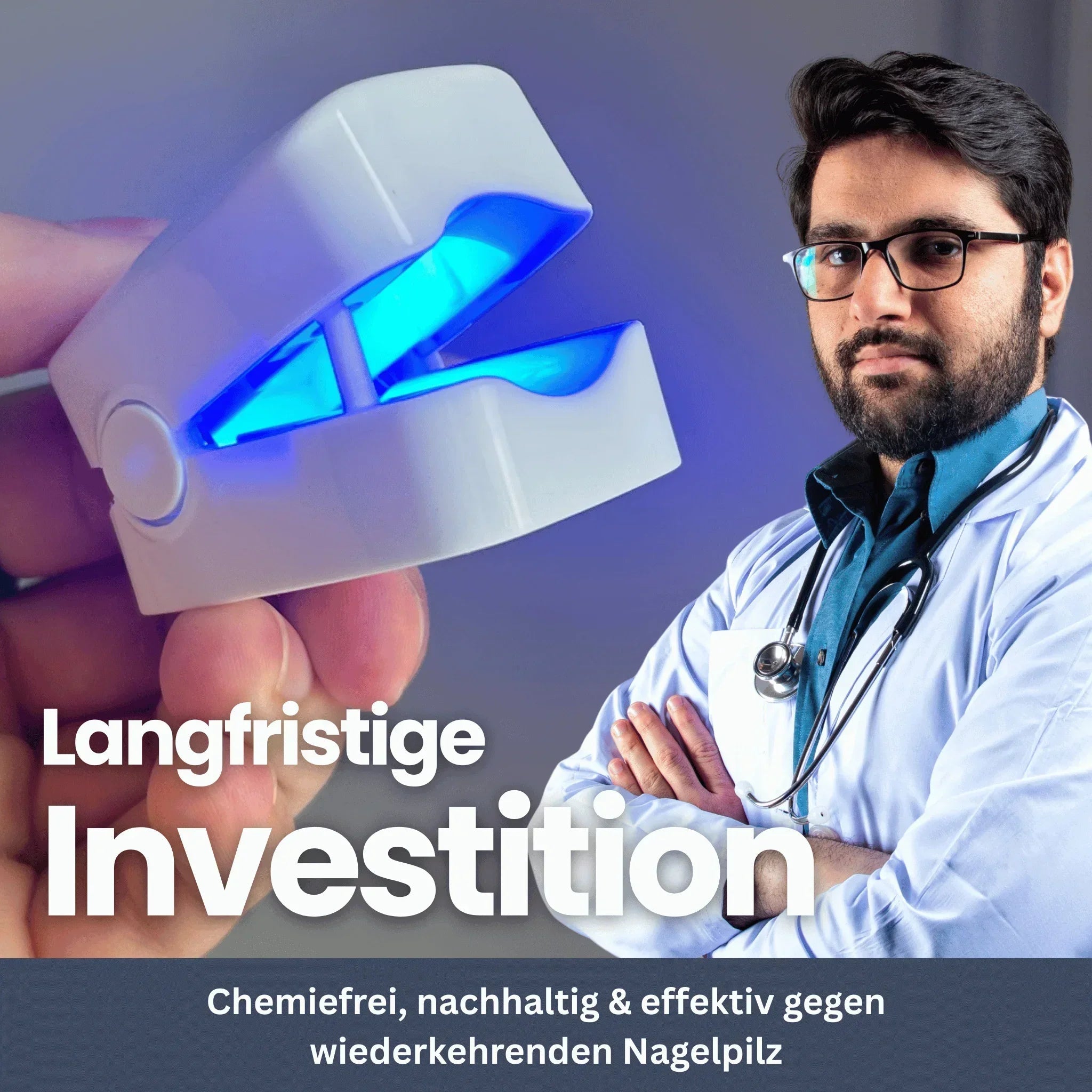 "Kompaktes NailClip Nagelpilztherapie-Gerät vorne, ideal für effektive Nagelbehandlung mit Phototherapie-Technologie."