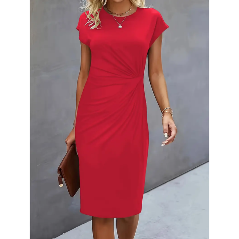 Kurzärmeliges Damen Midi-Kleid in professionellem Stil, elegante Silhouette, ideal für berufliche und formelle Anlässe.
