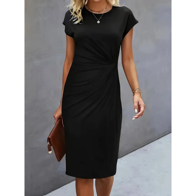 Kurzärmeliges Damen Midi-Kleid in professionellem Stil, elegante Silhouette, ideal für berufliche und formelle Anlässe.