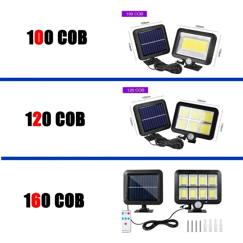 LED Solarleuchte IP65 für Außen, 100 COB-LEDs, Bewegungsmelder, wetterfest, robuste Bauweise, ideal für Garten und Einfahrt.