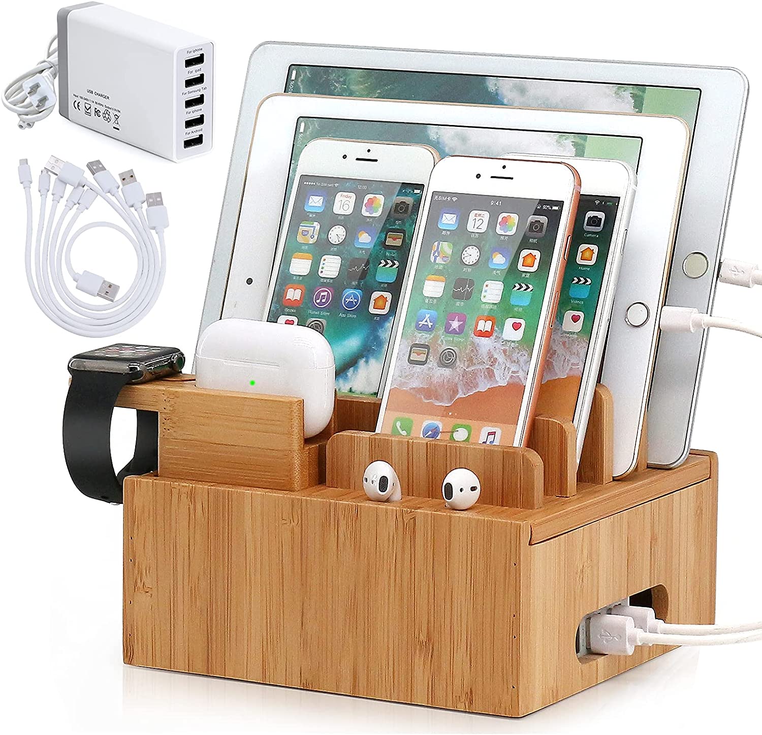 Tekavo ChargeDock ladestasjon i bambus med 5-ports USB organisering og kabelhåndtering for flere enheter.