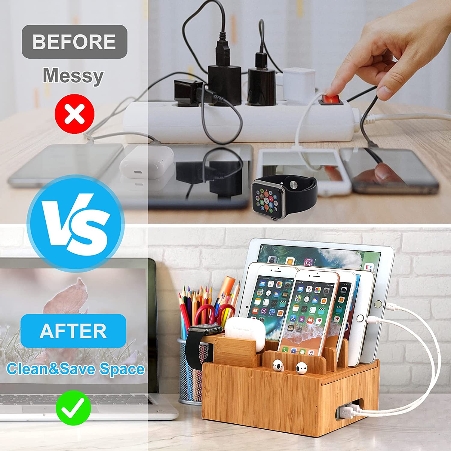 "Ladestation aus Bambus, 5-Port USB, elegantes Design, multifunktional, mit Kabelmanagement für Smartphones und mehr."