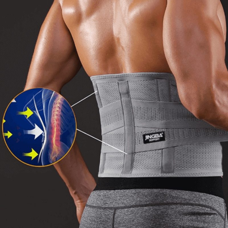 "Lendenrückenstütze mit 5 Schienen, ergonomisch für Schmerzfreiheit, komfortable Rückenstütze bei Aktivitäten."